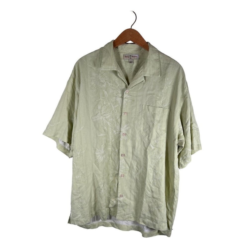 Tommy Bahama Mens Size L Hawaiian Shirt Lime Textured Silk Carved Wooden Buttons